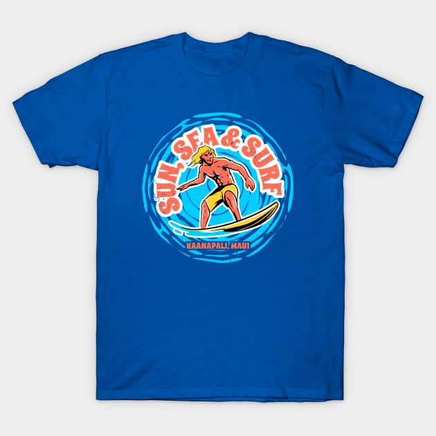 Vintage Sun, Sea & Surf Kaanapali Maui Hawaii // Retro Surfing // Surfer Catching Waves T-Shirt by Now Boarding